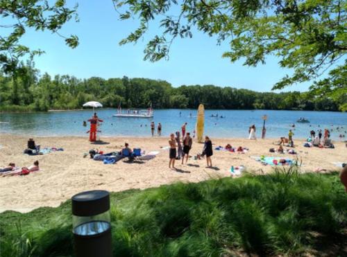 A sunny beach scene with people sunbathing, swimming, and a lifeguard tower by a calm lake surrounded by trees.