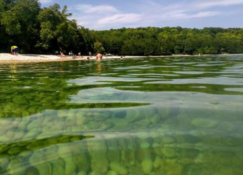 Clear water reveals smooth stones beneath, with a sandy beach and lush green trees in the background.