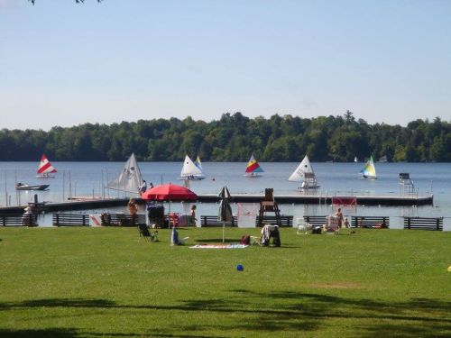 A serene lake scene with sailboats on the water, green grass, and people relaxing on the shore under a clear blue sky.