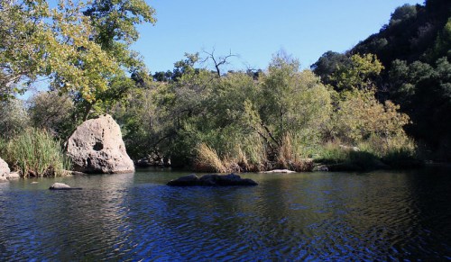 A serene river scene with lush greenery, rocky formations, and calm water under a clear blue sky.