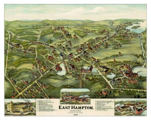 A colorful 1880s bird's-eye view map of East Hampton, Connecticut, showcasing buildings, landscapes, and landmarks.