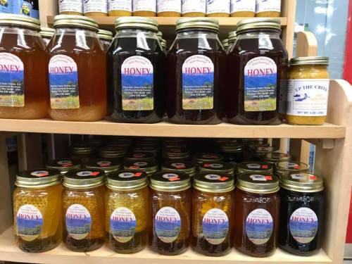 A display of various jars of honey on wooden shelves, showcasing different colors and sizes.