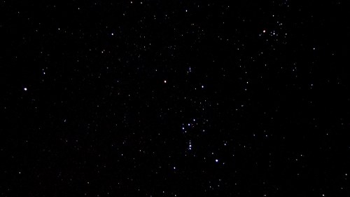 A starry night sky filled with numerous stars, featuring the constellation Orion prominently in the center.