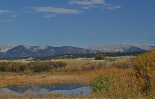 A serene landscape featuring mountains, a clear blue sky, and a reflective pond surrounded by autumn foliage.