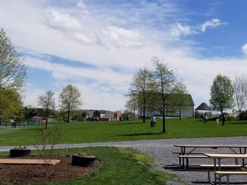 A grassy park with trees, a picnic area, and people walking in the distance under a partly cloudy sky.