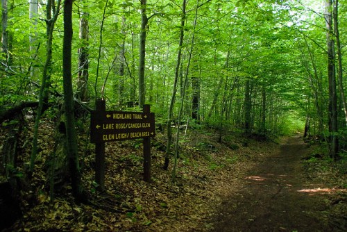 A wooded trail with a signpost indicating directions to Highland Trail, Lake Ridge, and Glen Leugh Beach Area.