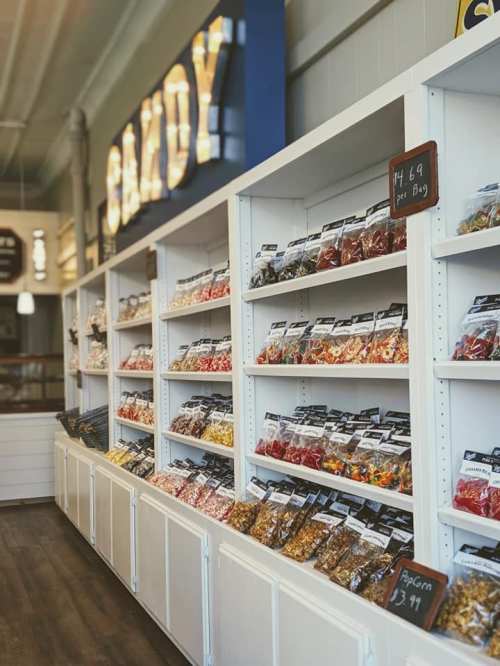 A colorful candy shop display with shelves filled with various packaged candies and a large "CANDY" sign in the background.