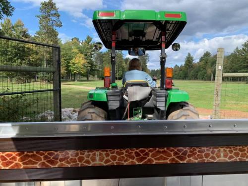 A person drives a green tractor through a field, with a fence and trees in the background.