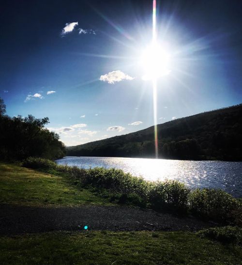 A serene river scene with sunlight reflecting on the water, surrounded by green foliage and distant hills under a blue sky.