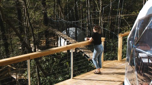 A woman stands on a wooden deck, holding a mug, overlooking a forest and a suspension bridge.