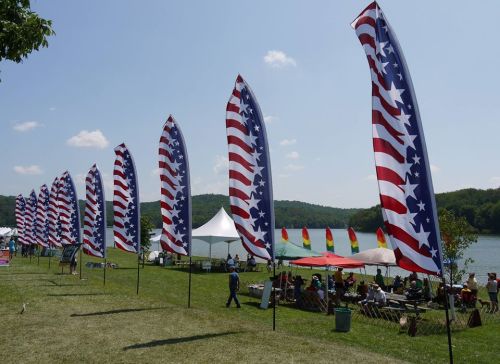 Colorful flags with stars and stripes line a grassy area by a lake, with people enjoying a festival in the background.