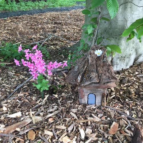 A small wooden fairy house with a thatched roof beside pink flowers, nestled in a bed of wood chips under a tree.