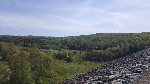 A scenic view of rolling green hills under a clear blue sky, with a rocky foreground and a winding path in the distance.