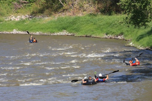 Three people kayaking on a river with gentle rapids, surrounded by greenery and rocky banks.