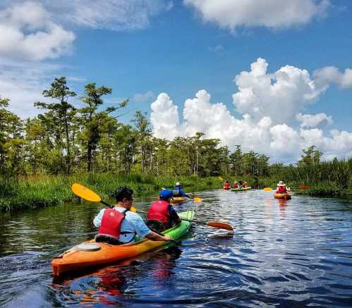 A group of kayakers paddles through a serene waterway surrounded by lush greenery and fluffy clouds.