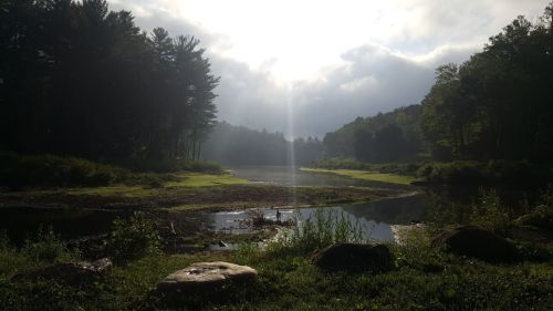 A serene lake surrounded by trees, with sunlight breaking through clouds, reflecting on the water's surface.