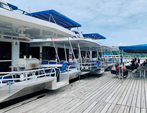 Boats lined up on a wooden dock, with blue canopies and people enjoying the waterfront.