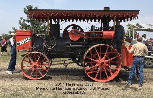 A vintage Avery steam engine on display at the 2017 Threshing Days event in Goessel, KS, with attendees nearby.