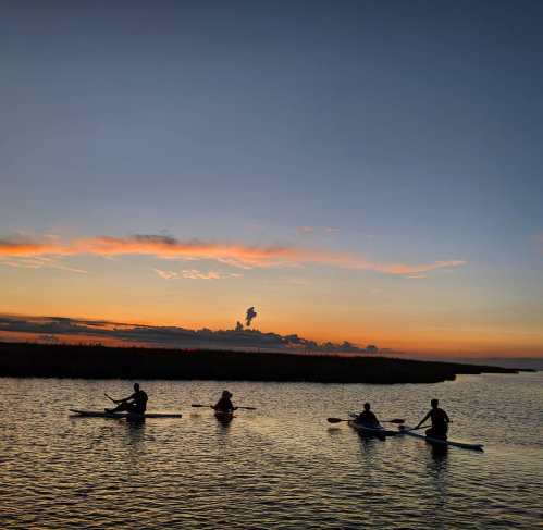 Four kayakers paddle on a calm waterway at sunset, with vibrant colors in the sky and silhouettes against the horizon.
