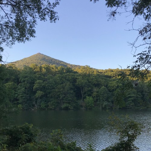 A serene lake surrounded by lush trees, with a mountain peak rising in the background under a clear blue sky.