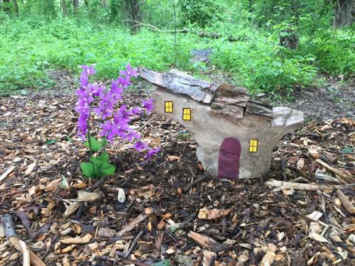 A whimsical miniature house made of wood, with a purple flower nearby, set in a lush green forest.