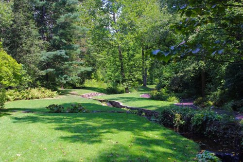 Lush green garden with a winding stream, surrounded by trees and vibrant foliage under a clear blue sky.