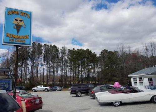 Sign for Sunni Sky's Homemade Ice Cream with a parking lot and trees in the background under a cloudy sky.