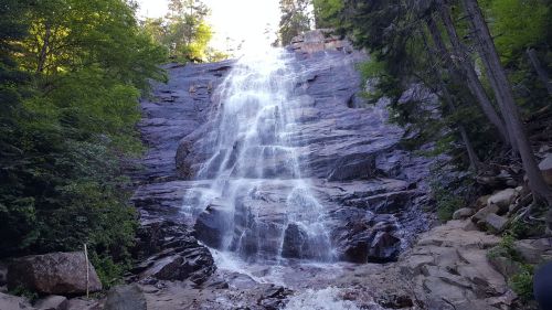 A cascading waterfall flows down a rocky cliff, surrounded by lush green trees and a serene natural landscape.