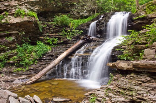 A serene waterfall cascades over rocky cliffs, surrounded by lush greenery and a calm pool at the base.