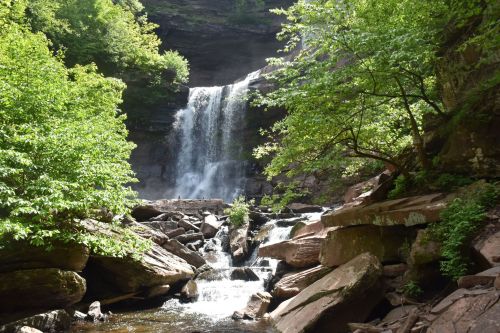 A serene waterfall cascades down rocky cliffs, surrounded by lush green trees and a tranquil stream below.
