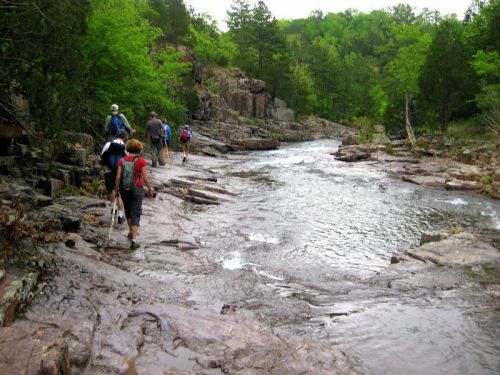 A group of hikers walks along a rocky riverbank surrounded by lush greenery and trees.