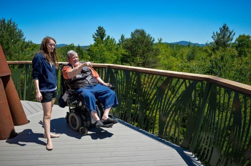 A woman and a man in a wheelchair enjoy a scenic view from a wooden deck surrounded by trees and mountains.