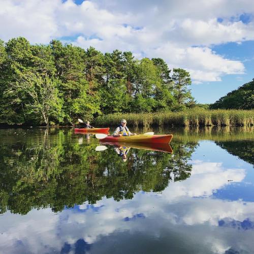 Two kayakers paddle on a calm lake, surrounded by lush trees and reflecting clouds in the water.