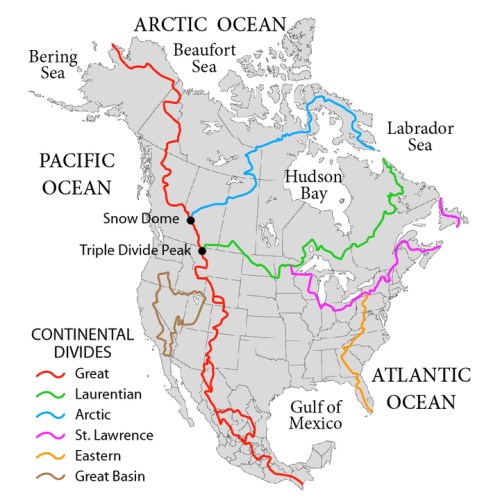 Map of North America showing continental divides in various colors, including Great, Laurentian, and Eastern divides.