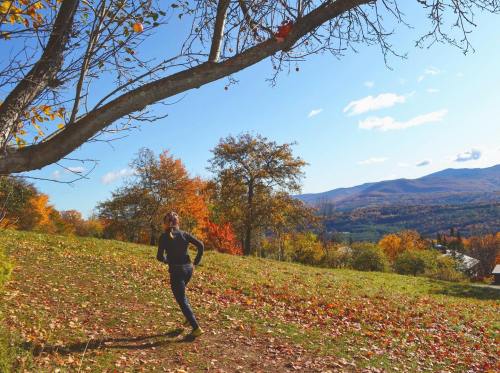 A person jogs through a colorful autumn landscape with trees and mountains in the background under a clear blue sky.