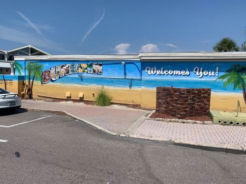 A colorful mural on a wall reads "Dunedin Welcomes You!" with a beach scene and blue sky in the background.