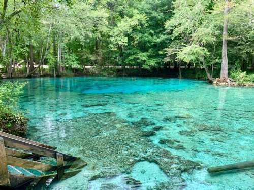 A serene, clear blue spring surrounded by lush green trees and a wooden boat docked at the edge.