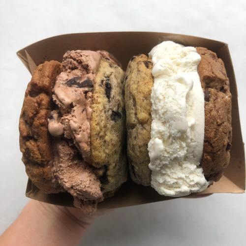 A hand holding a box with two ice cream sandwiches, one with chocolate ice cream and the other with vanilla ice cream.