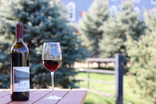 A bottle of red wine and a glass sit on a wooden table, surrounded by green trees and a rustic background.