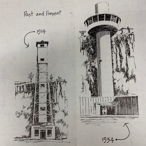 Illustration comparing a fire tower from 1914 and a modern lookout tower from 1954, labeled "Past and Present."