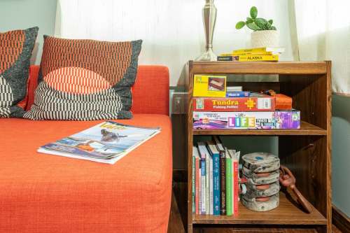 A cozy living room scene featuring an orange couch, a wooden side table with books, magazines, and decorative items.