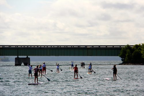 A group of people paddleboarding on a calm waterway beneath a bridge, with trees in the background and cloudy skies.