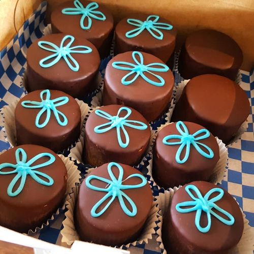 A box of chocolate-covered treats, each topped with a blue icing flower design.