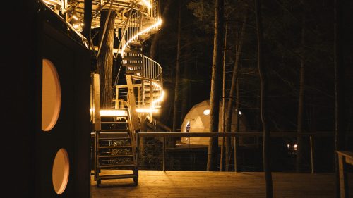 A cozy treehouse and dome structure illuminated at night, surrounded by tall trees and a wooden deck.