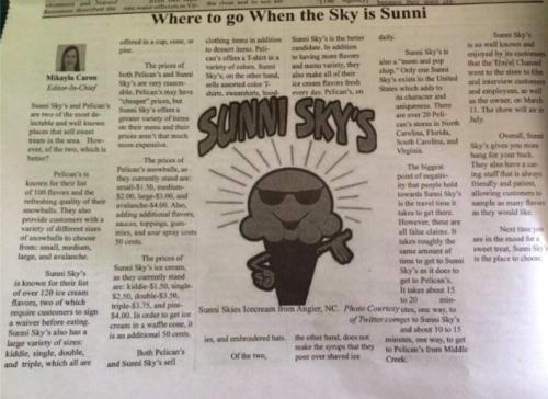 A newspaper article titled "Where to go When the Sky is Sunny," featuring ice cream options from Sunni Sky's and Pelican's.