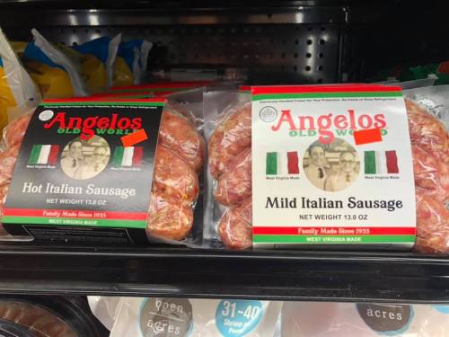 Two packages of Angelo's Old World Italian sausage, labeled "Hot Italian Sausage" and "Mild Italian Sausage."