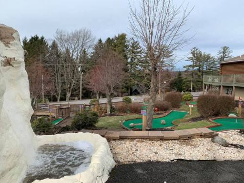 A scenic view of a mini-golf course with a waterfall, trees, and a pathway in a tranquil outdoor setting.