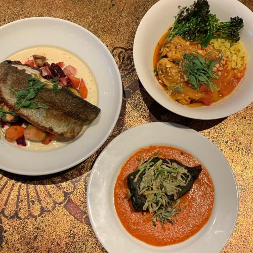 Three plates of colorful dishes: grilled fish with vegetables, a rice dish with chicken, and a stuffed pepper in sauce.