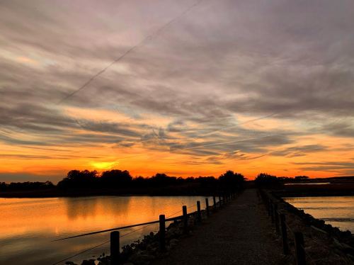 A serene sunset over a calm waterway, with a path lined by posts leading into the vibrant sky.