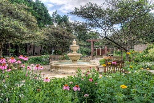 A serene garden featuring a fountain, blooming flowers, and wooden benches surrounded by lush greenery.